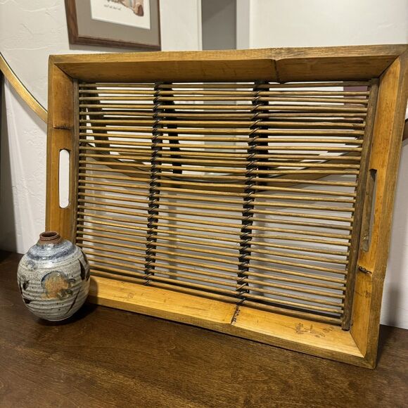 1960s Mid-Century Burnt Tortoise Motif Bamboo Rattan Serving Tray Boho Chic Tiki - Picture 2 of 8